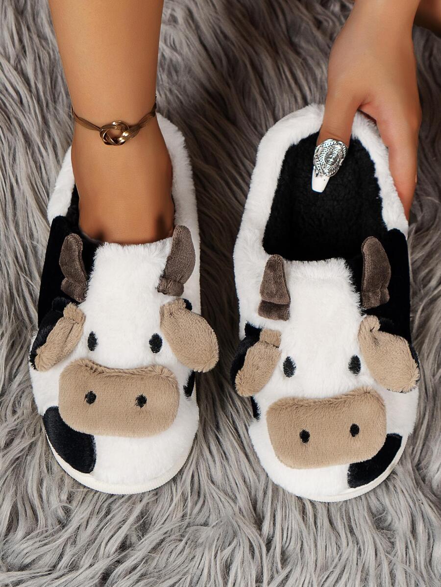 Preppy Novelty Slippers For Women, Cartoon Cow Design Warm Slip-on Home Slippers