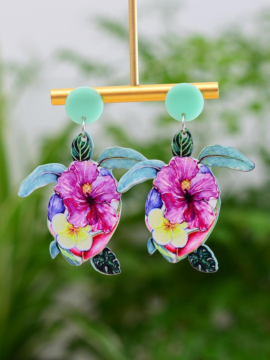 1對時尚花卉圖案龜耳墜適合女士日常裝飾 - 彩色 - 查看 1