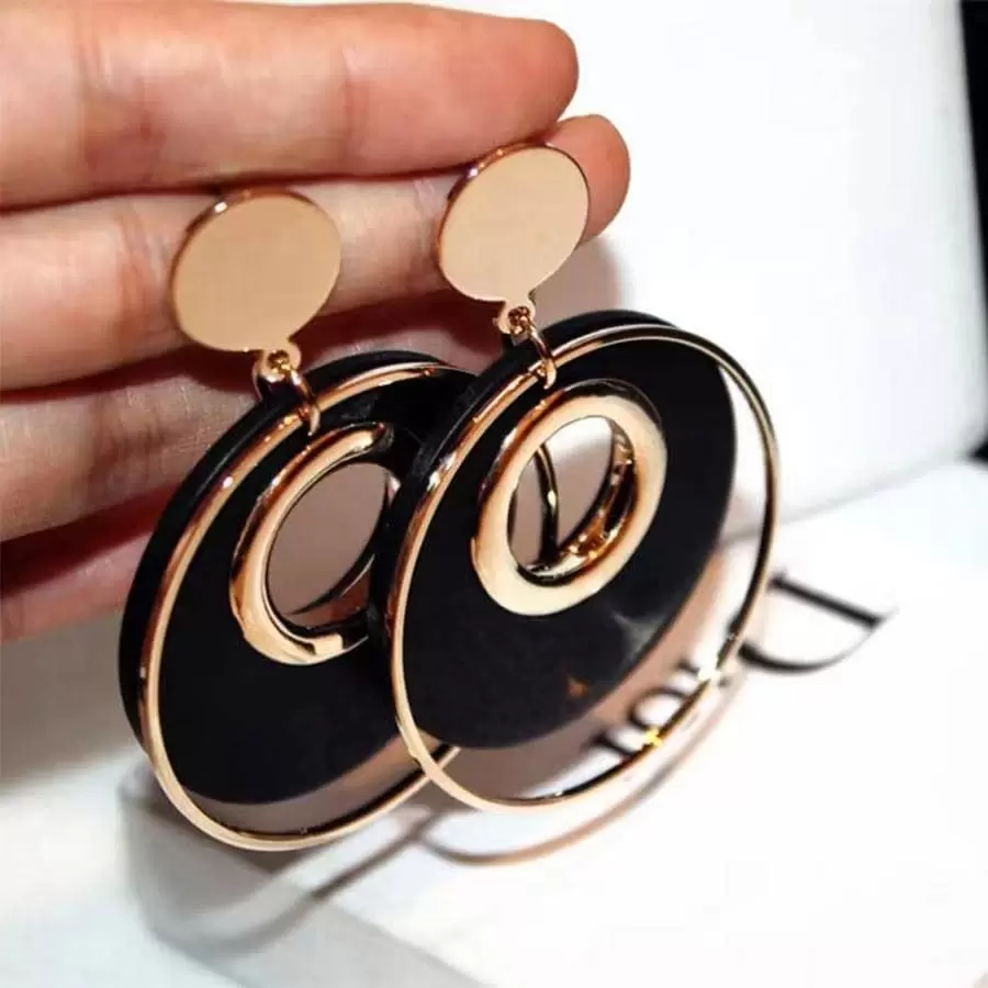 鏤空圓形耳墜 - 黑色 - 查看 1