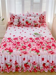 1 件亲肤、柔软、现代感双褶边加厚拉绒活力印花多色单/双人床罩和床裙套装 - 彩色 - 查看 2