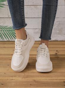 Phụ nữ có dây buộc phía trước Bản vá trang trí chi tiết đục lỗ Giày thể thao, giày thể thao ngoài trời Skate - Màu be - Xem 4