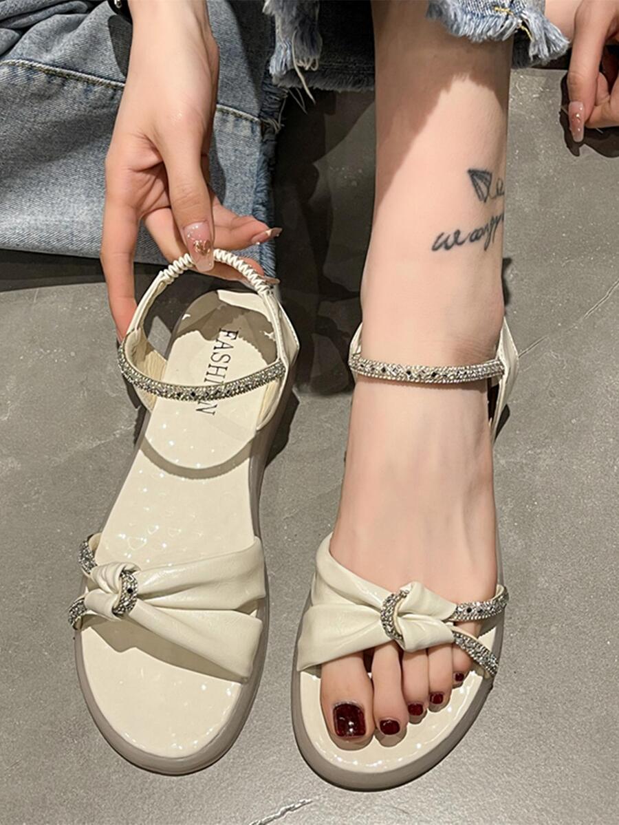 Women Rhinestone & Knot Decor Flat Sandals, Glamorous Outdoor Slingback Sandals - Beige - View 1