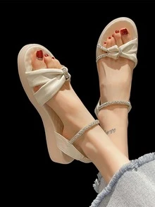 Women Rhinestone & Knot Decor Flat Sandals, Glamorous Outdoor Slingback Sandals - Beige - View 3