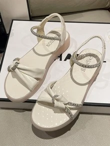 Women Rhinestone & Knot Decor Flat Sandals, Glamorous Outdoor Slingback Sandals - Beige - View 4