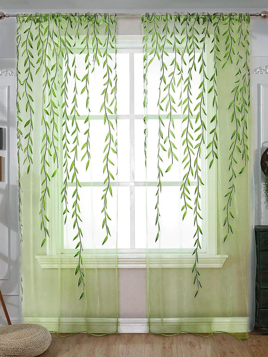 1pc Polyester Sheer Panel Curtain, Leaf Pattern Light Filtering Privacy Sheer Curtain For Home - Multicolor - View 1