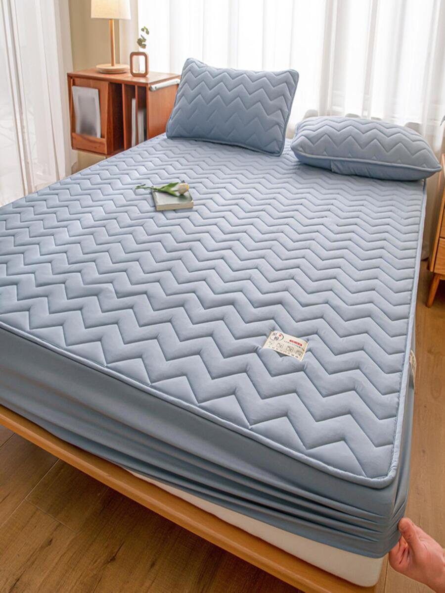 1 szt. Jednolity kolor pikowany pokrowiec na materac nawierzchniowy - Brudny niebieski - Zobacz 1