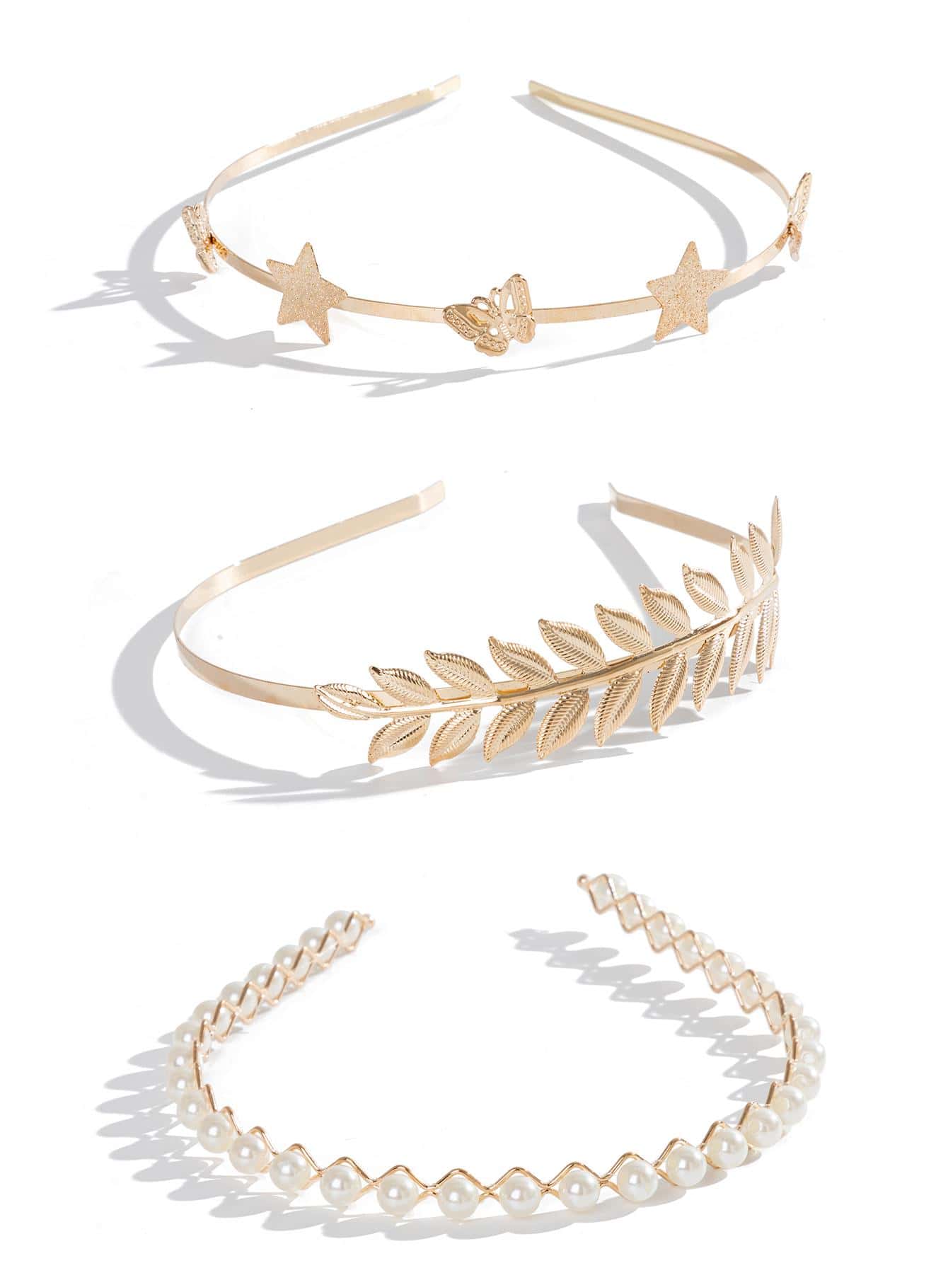 3pcs Faux Pearl & Leaf & Butterfly Design Fashionable Headband, Suitable For Parties & Daily Wear, Girlfriend Gifts - Gold - View 1