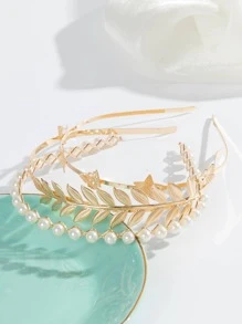 3pcs Faux Pearl & Leaf & Butterfly Design Fashionable Headband, Suitable For Parties & Daily Wear, Girlfriend Gifts - Gold - View 2