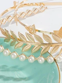3pcs Faux Pearl & Leaf & Butterfly Design Fashionable Headband, Suitable For Parties & Daily Wear, Girlfriend Gifts - Gold - View 3