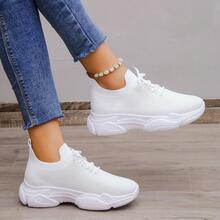 女士前繫帶透氣運動白色網紗老爹鞋