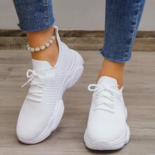 女士前繫帶透氣運動白色網紗老爹鞋