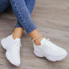 女士前繫帶透氣運動白色網紗老爹鞋