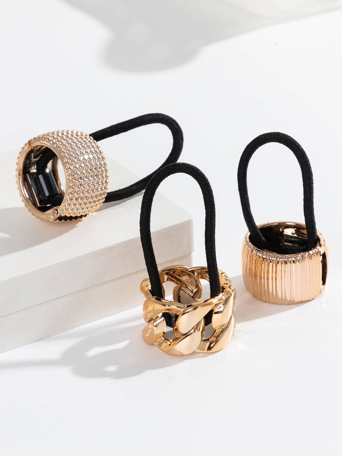 3个装水钻装饰发圈街头马尾发圈发绳橡皮筋发圈发绳弹力发圈，金色头饰，发圈发饰发饰头饰弹力带 - 金色 - 查看 1