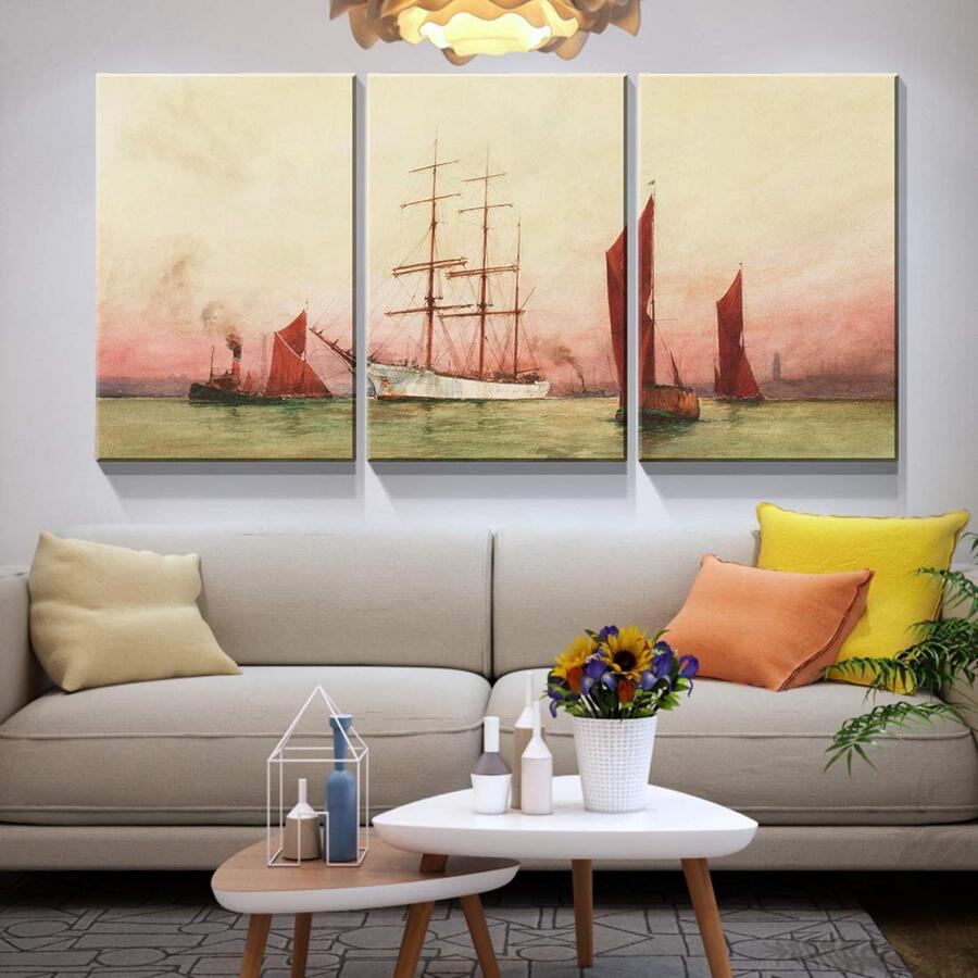3 Panel Canvas Wall Art Prints - Big Sail Boat on Ocean Landscape Painting|Modern Nordic Simplicity Wall Decor/Home Decoration & Ready to Hang - 藝術品-01 - 查看 1