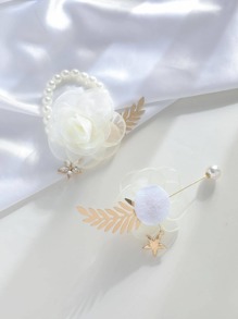 2件套玫瑰花合金胸针腕花套装，适合新郎、新娘、伴郎、伴娘、婚礼、订婚、宴会、周年纪念、毕业典礼、情人节等场合佩戴。 - 白色 - 查看 3