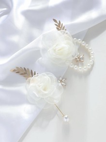 2件套玫瑰花合金胸针腕花套装，适合新郎、新娘、伴郎、伴娘、婚礼、订婚、宴会、周年纪念、毕业典礼、情人节等场合佩戴。 - 白色 - 查看 2