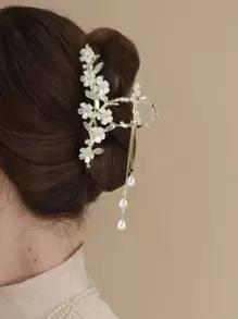 花朵和仿珍珠装饰发爪波西米亚风爪夹发夹发夹发夹发夹发夹，优雅秋冬发饰，适合女士度假装扮