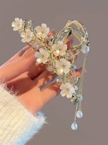 花朵和仿珍珠装饰发爪波西米亚风爪夹发夹发夹发夹发夹发夹，优雅秋冬发饰，适合女士度假装扮