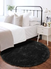 1pc Solid Fuzzy Round Rug - Black - View 2