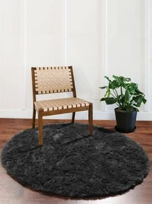 1pc Solid Fuzzy Round Rug - Black - View 4