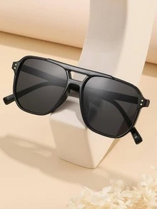 1 件装双桥方形框架男士时尚眼镜，新款复古铆钉装饰眼镜 - 黑色 - 查看 4