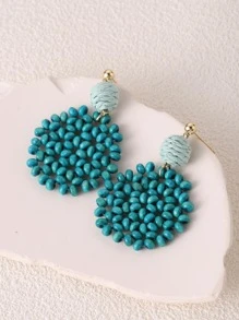 1pair Boho Wooden Beaded Round Drop Earrings For Women For Daily Decoration - Olive Green - View 2