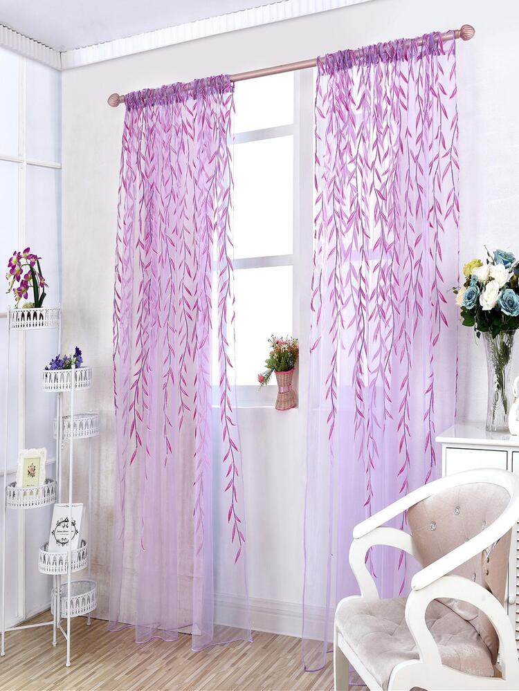 Cortina de panel transparente con patrón de vid con hoja - Morado - Añade 1