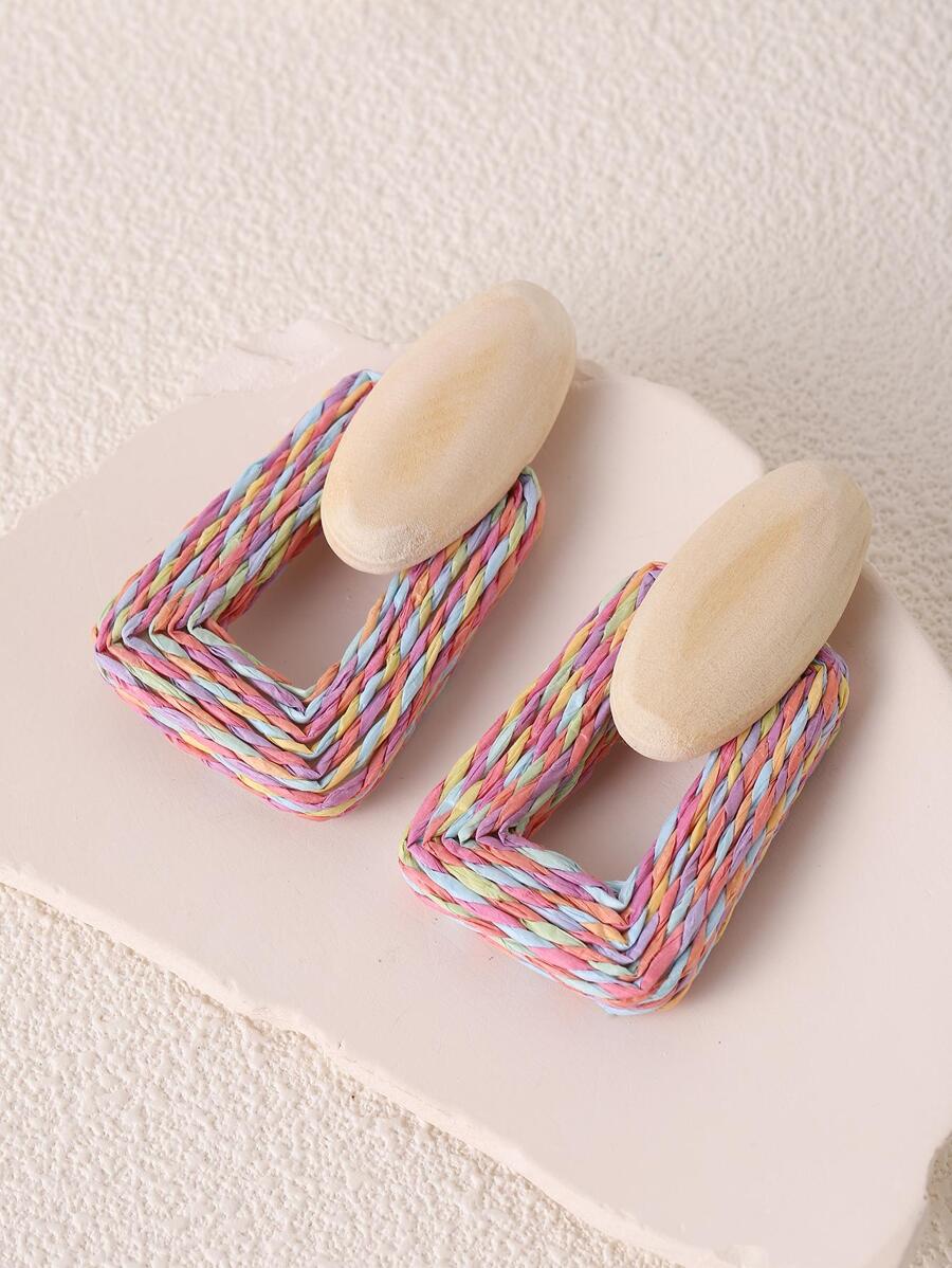 1 Đôi Boho Gỗ Màu Khối Hình Học Bông Tai Giọt Dành Cho Nữ Làm Quà Tặng - Nhiều màu - Xem 1