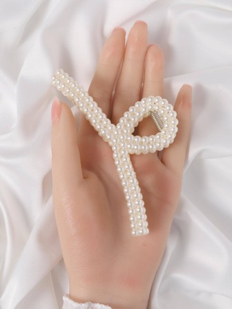 1pc Women Faux Pearl Decor Straight Shape Elegant Hair Claw For Hair Decoration