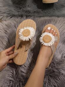 Dép đế bằng trang trí hoa cho nữ, Dép trượt bằng vải lanh cho mùa hè - Màu Khaki - Xem 2