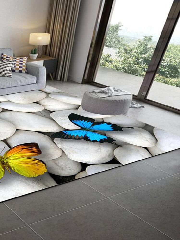 1pc Stone & Butterfly Pattern Rug, Modern Polyester Non-Slip Floor Carpet For Living Room And Bedroom Bathroom Decor - Multicolor - View 3