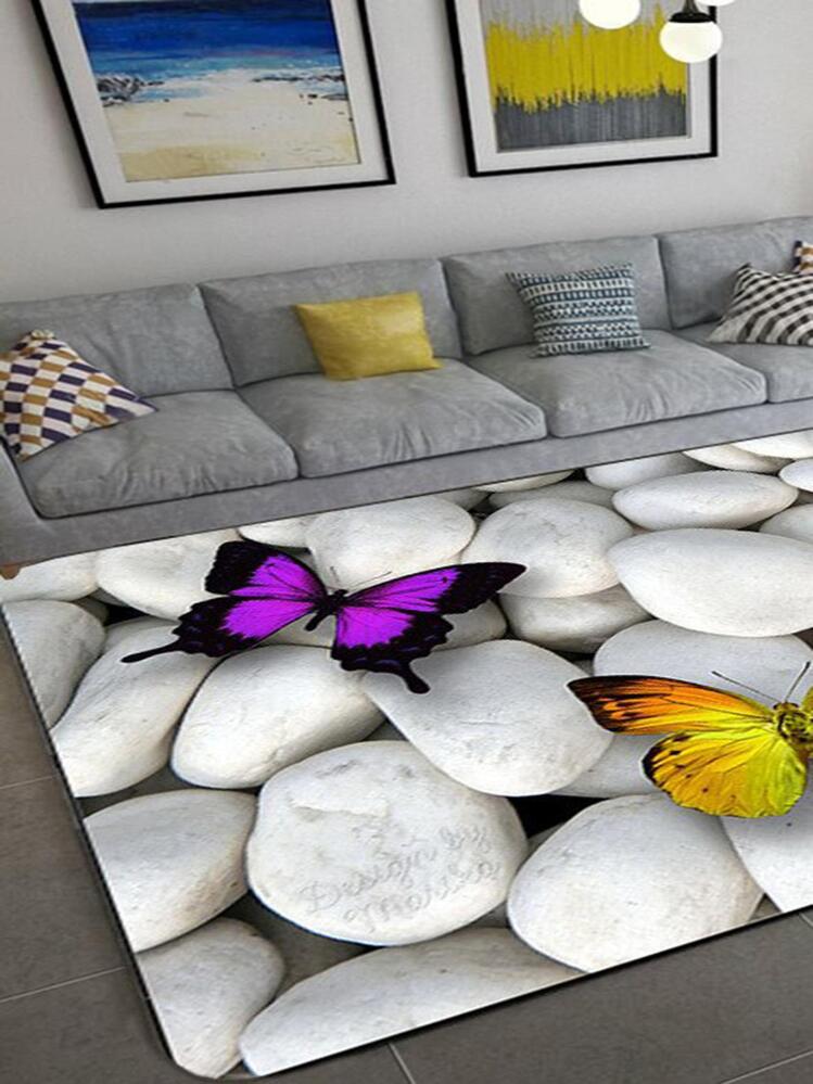 1pc Stone & Butterfly Pattern Rug, Modern Polyester Non-Slip Floor Carpet For Living Room And Bedroom Bathroom Decor - Multicolor - View 2