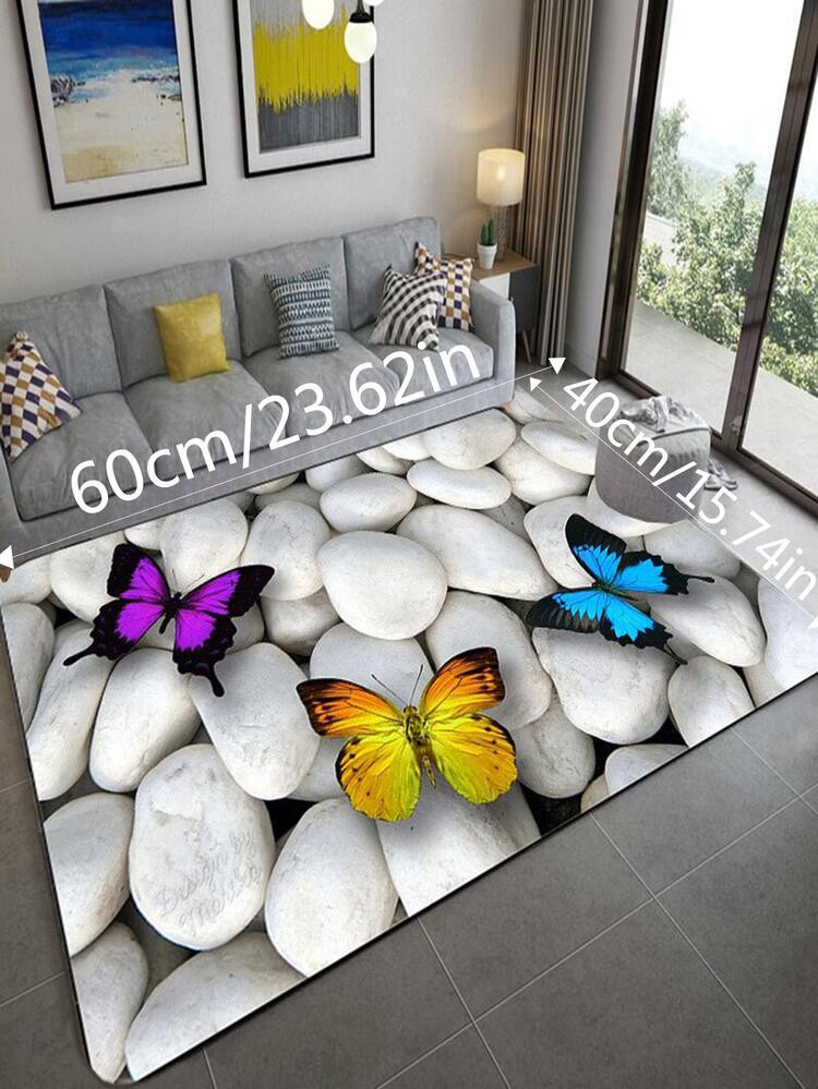 1pc Stone & Butterfly Pattern Rug, Modern Polyester Non-Slip Floor Carpet For Living Room And Bedroom Bathroom Decor - Multicolor - View 4
