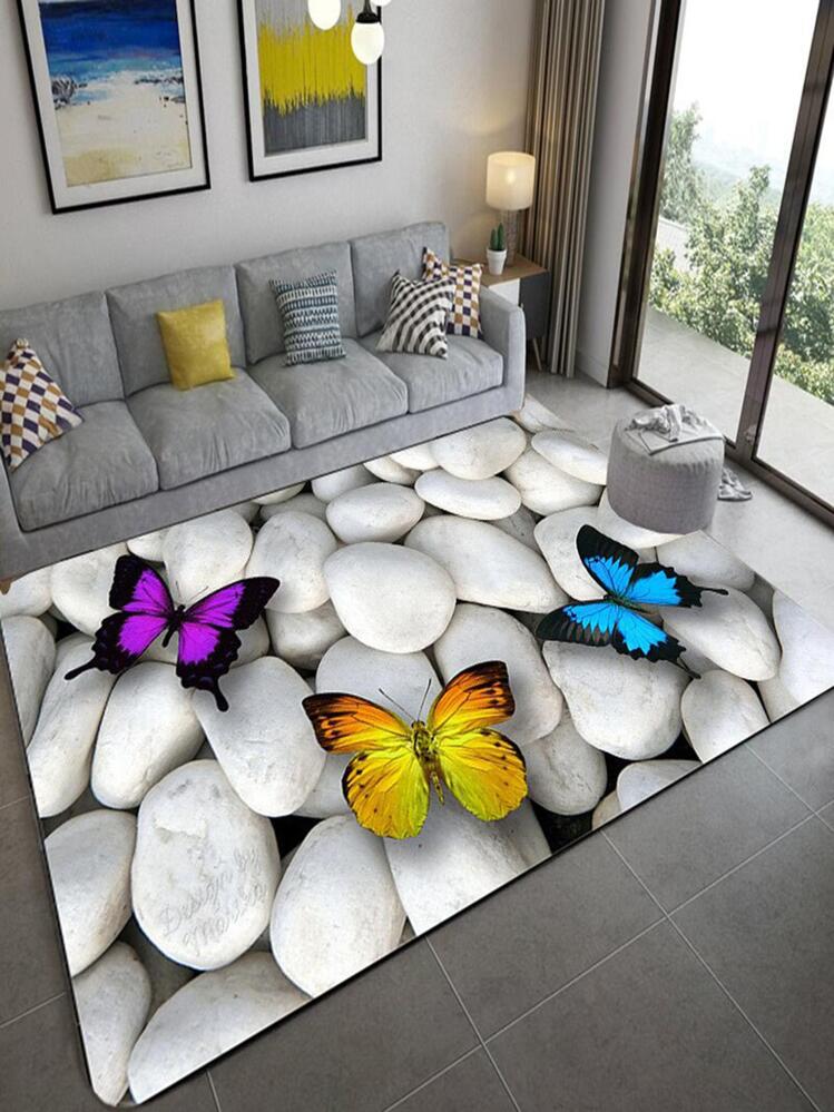 1pc Stone & Butterfly Pattern Rug, Modern Polyester Non-Slip Floor Carpet For Living Room And Bedroom Bathroom Decor - Multicolor - View 1