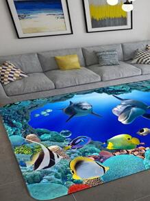1入組海洋生物圖案現代滌綸防滑地毯適用於客廳和臥室 - 彩色 - 查看 2