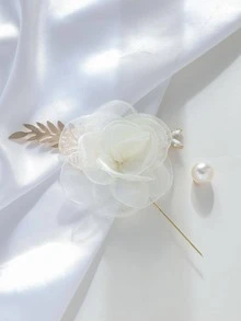 Boutonniere trang trí hoa & ngọc trai giả - trắng - Xem 3
