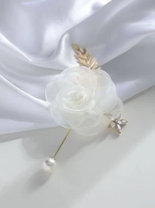 Boutonniere trang trí hoa & ngọc trai giả - trắng - Xem 2