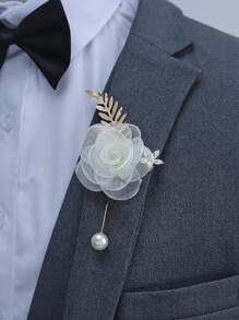 Boutonniere trang trí hoa & ngọc trai giả - trắng - Xem 1