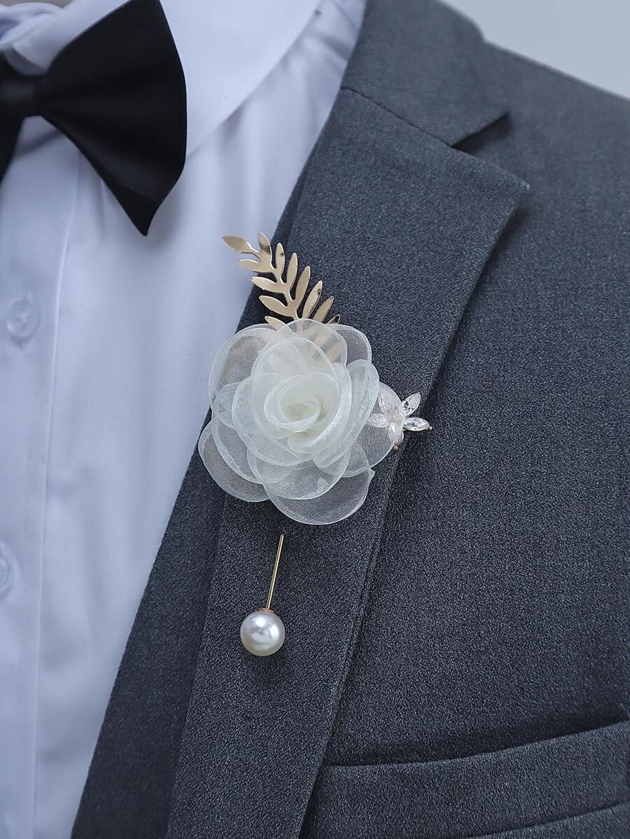 Boutonniere trang trí hoa & ngọc trai giả - trắng - Xem 1