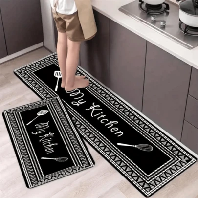 1pc Tableware & Letter Graphic Anti-Slip Kitchen Rug ,Room Decor