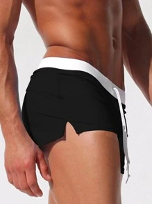 Men Drawstring Waist Split Hem Swim Trunks - Black - View 2