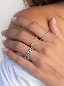 鋯石裝飾925純銀戒指,婚禮訂婚新娘珠寶飾品 - 銀色 - 查看 2