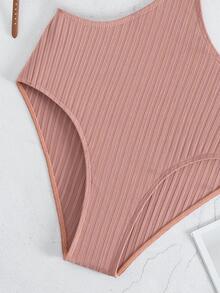 Ruffle Trim Cut Out Waist One Piece Swimsuit - Dusty Pink - View 3