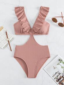 Ruffle Trim Cut Out Waist One Piece Swimsuit - Dusty Pink - View 1