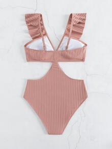Ruffle Trim Cut Out Waist One Piece Swimsuit - Dusty Pink - View 4