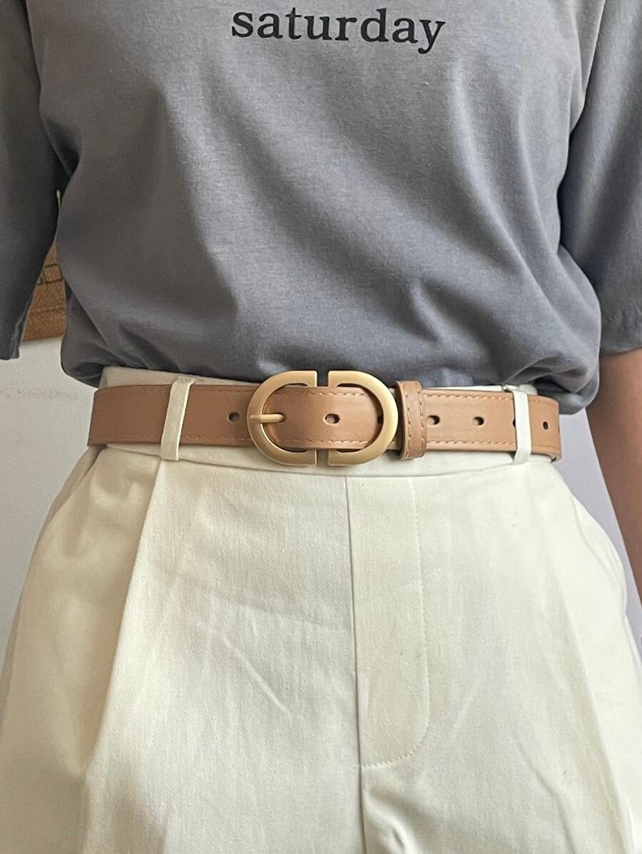 2000 年代風格簡約字母扣牛仔褲腰帶 - 卡其色 - 查看 1