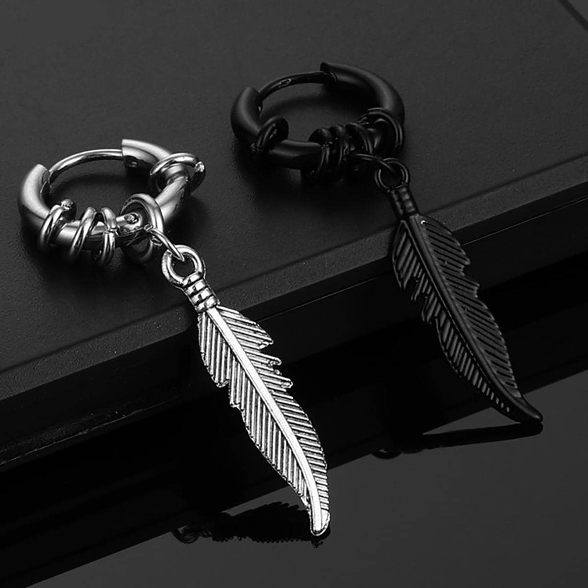Men Leaf Design Drop Earrings Stainless Steel Jewelry Gift - Silver - View 1