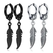 Men Leaf Design Drop Earrings Stainless Steel Jewelry Gift - Silver - View 3