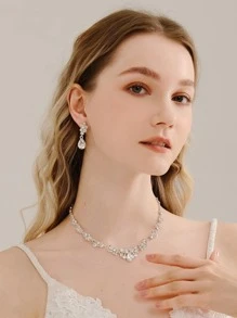 3件套水钻装饰新娘项链皇家新娘项链耳环配饰情人节配饰 - 銀色 - 查看 2