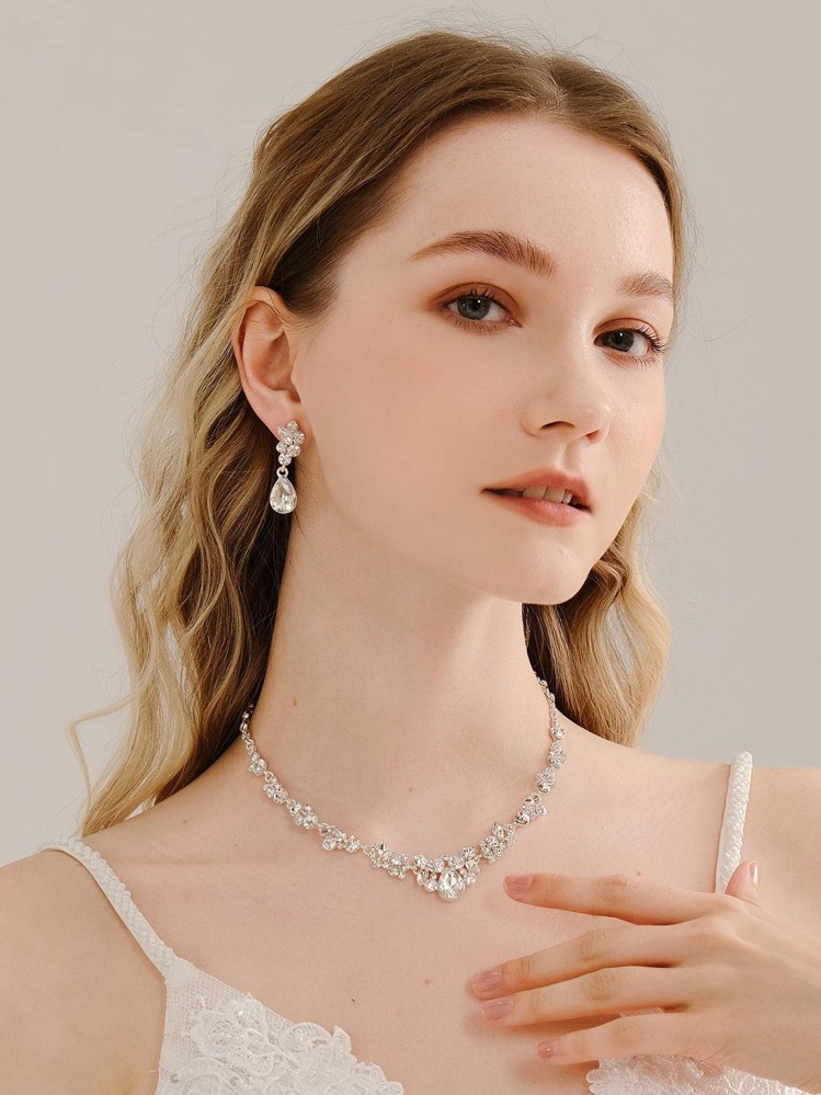3件套水钻装饰新娘项链皇家新娘项链耳环配饰情人节配饰 - 銀色 - 查看 2